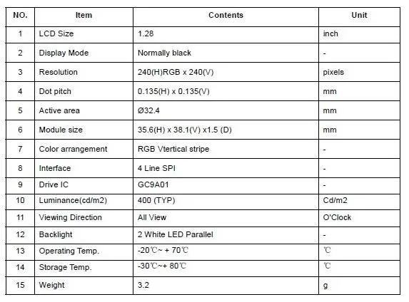 1.28inch tft lcd spi, 12 pin, gc9a01 driver